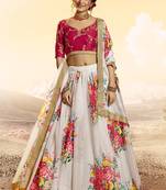 White printed organza semi stitched lehenga