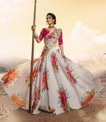 White printed organza semi stitched lehenga 3