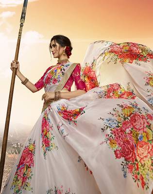 White printed organza semi stitched lehenga 4