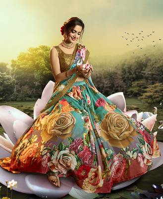 Multicolor printed organza semi stitched lehenga 3