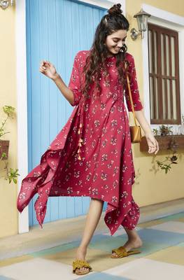 Janasya Pink printed rayon party wear kurtis 1