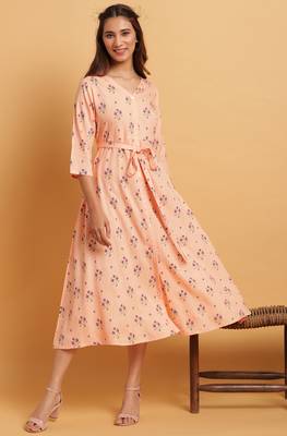 Janasya Peach printed rayon party wear kurtis 1
