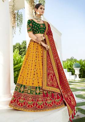 Yellow embroidered silk semi stitched lehenga 1