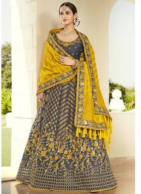 Dark-grey embroidered silk semi stitched lehenga 1