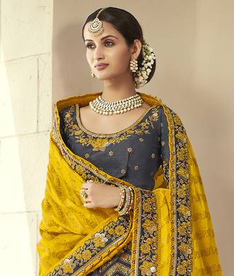 Dark-grey embroidered silk semi stitched lehenga 2