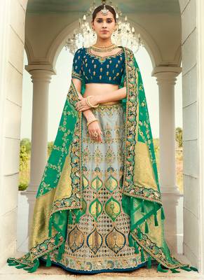 Grey embroidered silk semi stitched lehenga 1