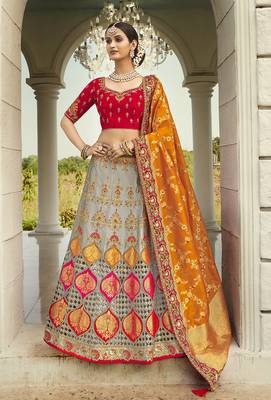 Grey embroidered silk semi stitched lehenga 1