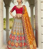 Grey embroidered silk semi stitched lehenga