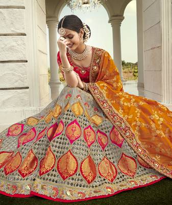 Grey embroidered silk semi stitched lehenga 2