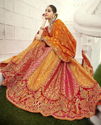 Orange embroidered silk semi stitched lehenga 2