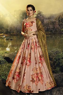 Peach printed organza semi stitched lehenga 1
