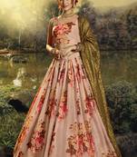 Peach printed organza semi stitched lehenga