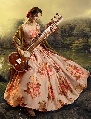 Peach printed organza semi stitched lehenga 2