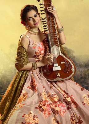 Peach printed organza semi stitched lehenga 3