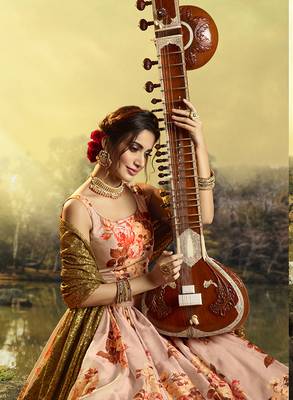 Peach printed organza semi stitched lehenga 4
