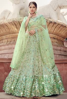 Light-green Thread and sequins embroidered net semi stitched bridal lehenga 1