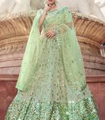 Light-green Thread and sequins embroidered net semi stitched bridal lehenga