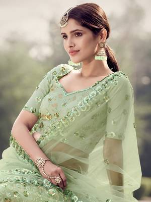 Light-green Thread and sequins embroidered net semi stitched bridal lehenga 2