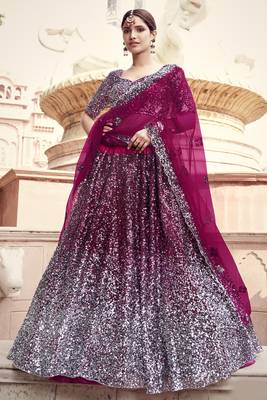 Wine sequins embroidered net semi stitched bridal lehenga 1
