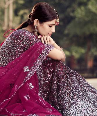 Wine sequins embroidered net semi stitched bridal lehenga 2