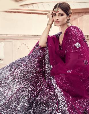 Wine sequins embroidered net semi stitched bridal lehenga 3