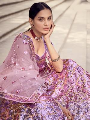 Lilac sequins embroidered net semi stitched bridal lehenga 2
