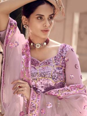 Lilac sequins embroidered net semi stitched bridal lehenga 3