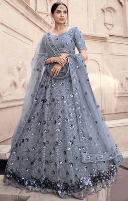 Grey Thread and sequins embroidered net semi stitched bridal lehenga 1