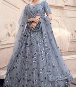 Grey Thread and sequins embroidered net semi stitched bridal lehenga