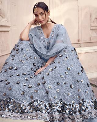 Grey Thread and sequins embroidered net semi stitched bridal lehenga 2