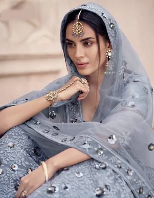 Grey Thread and sequins embroidered net semi stitched bridal lehenga 3