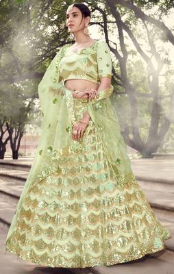 Light-green sequins embroidered net semi stitched bridal lehenga 1