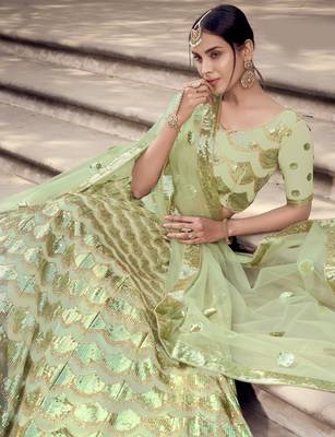 Light-green sequins embroidered net semi stitched bridal lehenga 2