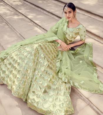 Light-green sequins embroidered net semi stitched bridal lehenga 3