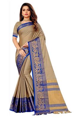 Beige plain silk saree with blouse 1