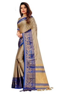 Beige plain silk saree with blouse 2