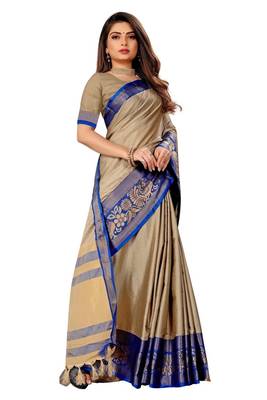 Beige plain silk saree with blouse 3