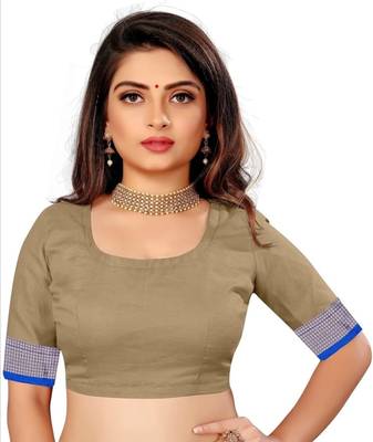 Beige plain silk saree with blouse 5