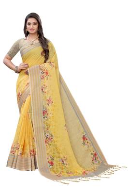 Yellow printed linen saree with blouse 1