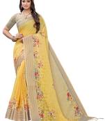 Yellow printed linen saree with blouse