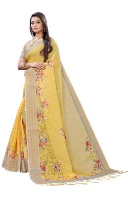 Yellow printed linen saree with blouse 2