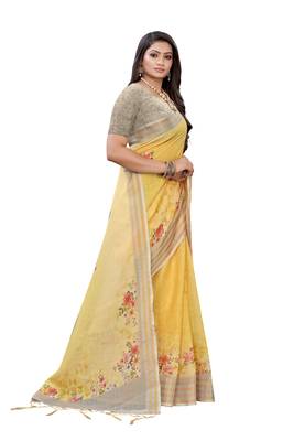 Yellow printed linen saree with blouse 3