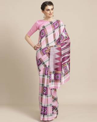 Pink printed silk blend saree with blouse 1