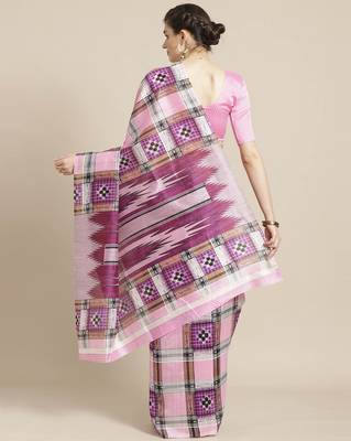 Pink printed silk blend saree with blouse 2