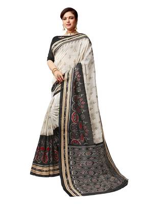 White printed art silk saree with blouse 1