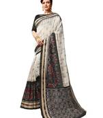 White printed art silk saree with blouse