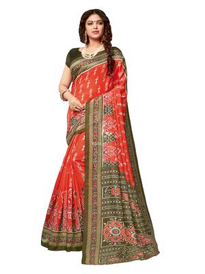 Orange printed art silk saree with blouse 1
