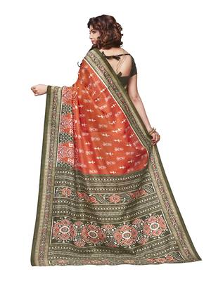 Orange printed art silk saree with blouse 2