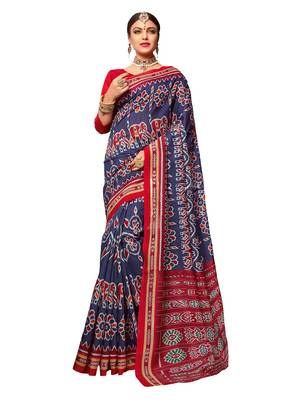 Blue printed art silk saree with blouse 1