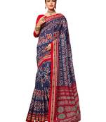 Blue printed art silk saree with blouse